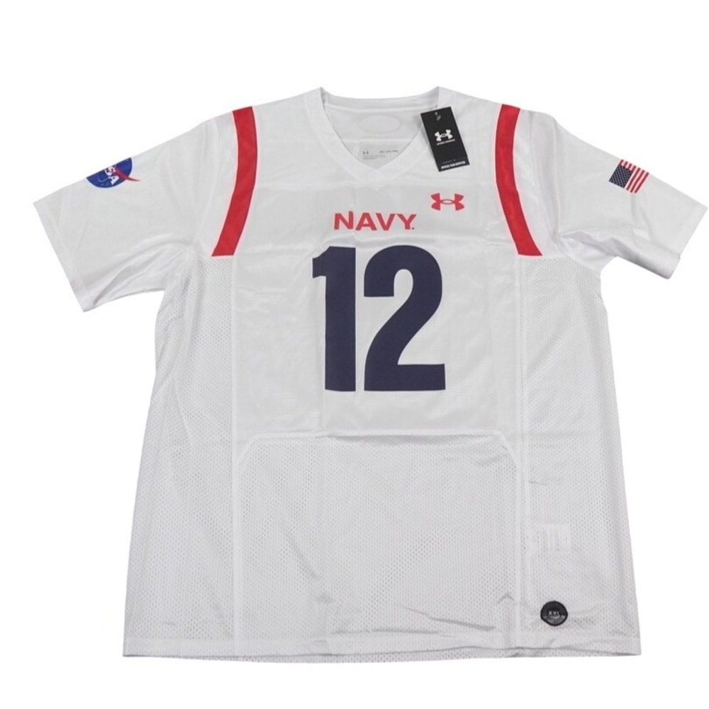Under Armour Navy Midshipmen‎ Football Nasa Jersey Mens 2XL White 12 Loose Fit